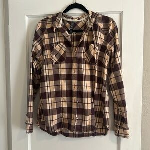 Mountain hardwear long sleeve button up shirt with hoodie.
